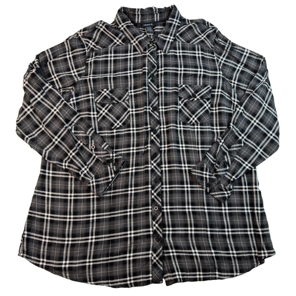 Torrid Size 3 Black Gray Plaid Button Front Tunic Shirt Rayon Grunge Cabin Core